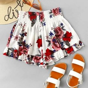 White and Red Ruffle Hem Floral Shorts